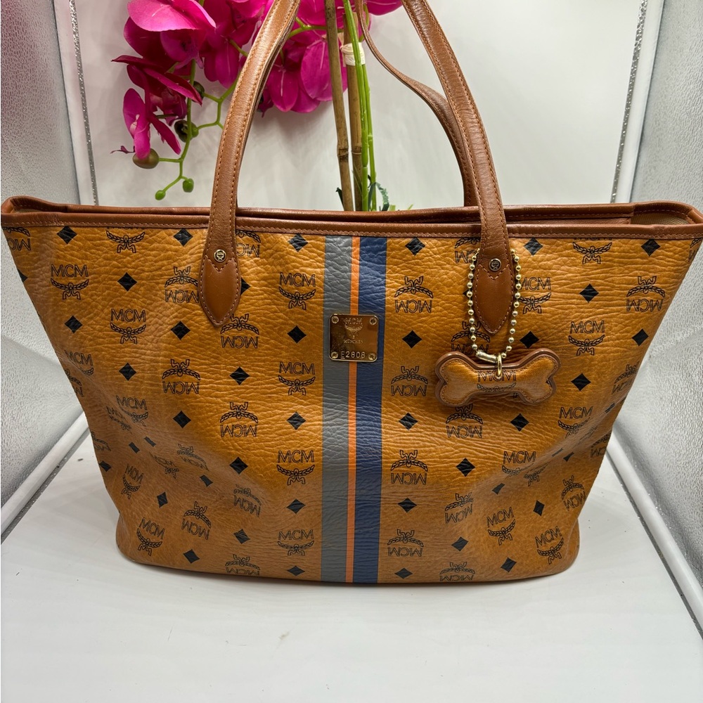 MCM Limited Edition Tan Visetos Dog Bone Leather Striped Tote